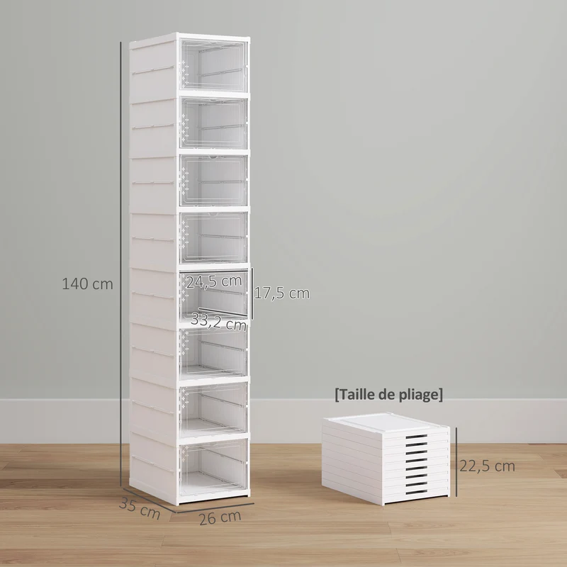 Lot de 8 boîtes à chaussures pliables empilables 26 x 35 x 140 cm gain de place porte transparente moderne en PP blanc 21_0002741