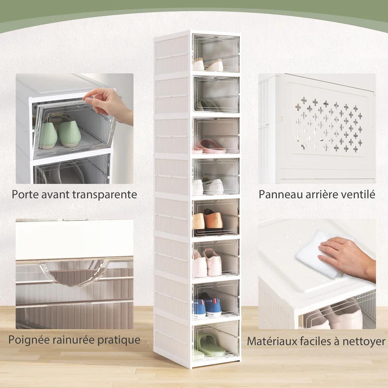Lot de 8 boîtes à chaussures pliables empilables 26 x 35 x 140 cm gain de place porte transparente moderne en PP blanc 21_0002741