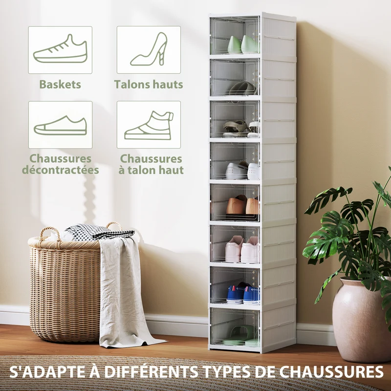 Lot de 8 boîtes à chaussures pliables empilables 26 x 35 x 140 cm gain de place porte transparente moderne en PP blanc 21_0002741