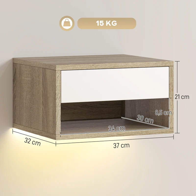 Lot de 2 tables de chevet suspendues 37 x 32 x 21 cm led multicolore tiroir moderne épuré en panneau de particules blanc 21_0003763