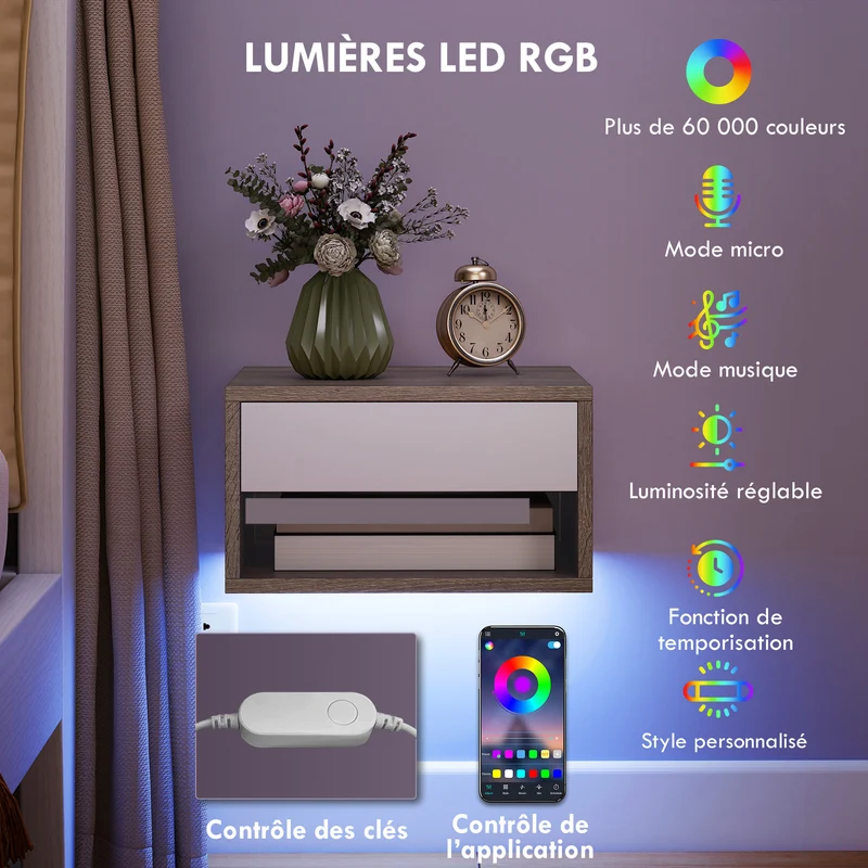 Lot de 2 tables de chevet suspendues 37 x 32 x 21 cm led multicolore tiroir moderne épuré en panneau de particules blanc 21_0003763