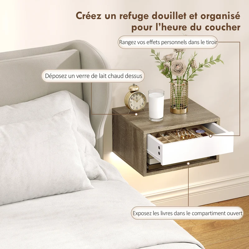 Lot de 2 tables de chevet suspendues 37 x 32 x 21 cm led multicolore tiroir moderne épuré en panneau de particules blanc 21_0003763