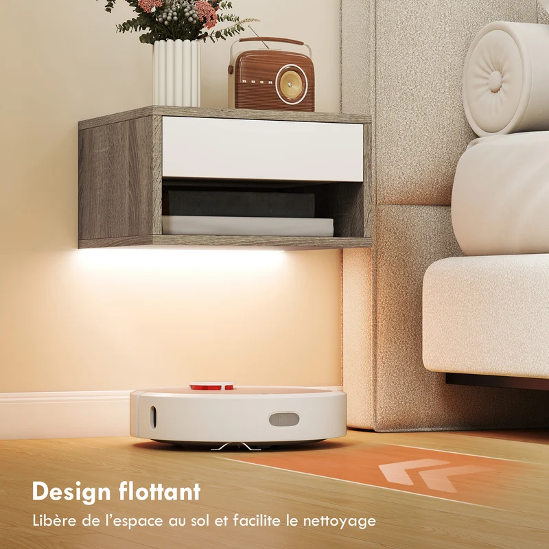 Lot de 2 tables de chevet suspendues 37 x 32 x 21 cm led multicolore tiroir moderne épuré en panneau de particules blanc 21_0003763