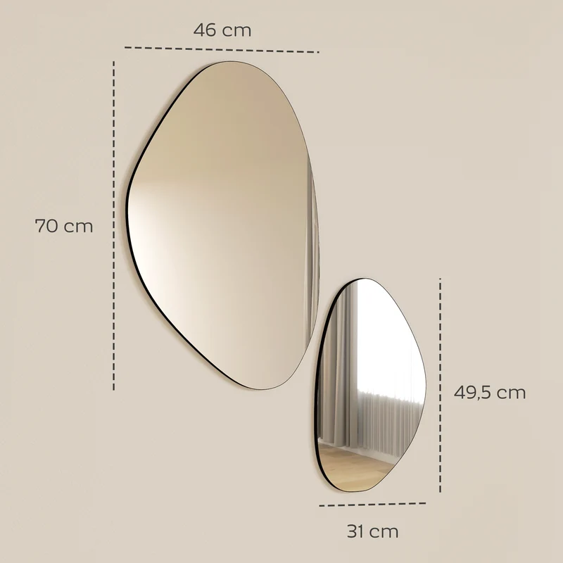 Lot de 2 miroirs muraux forme galet 70 x 46 cm et 49,5 x 31 cm décoratif moderne cosy accrochage multiple en verre noir 21_0003712
