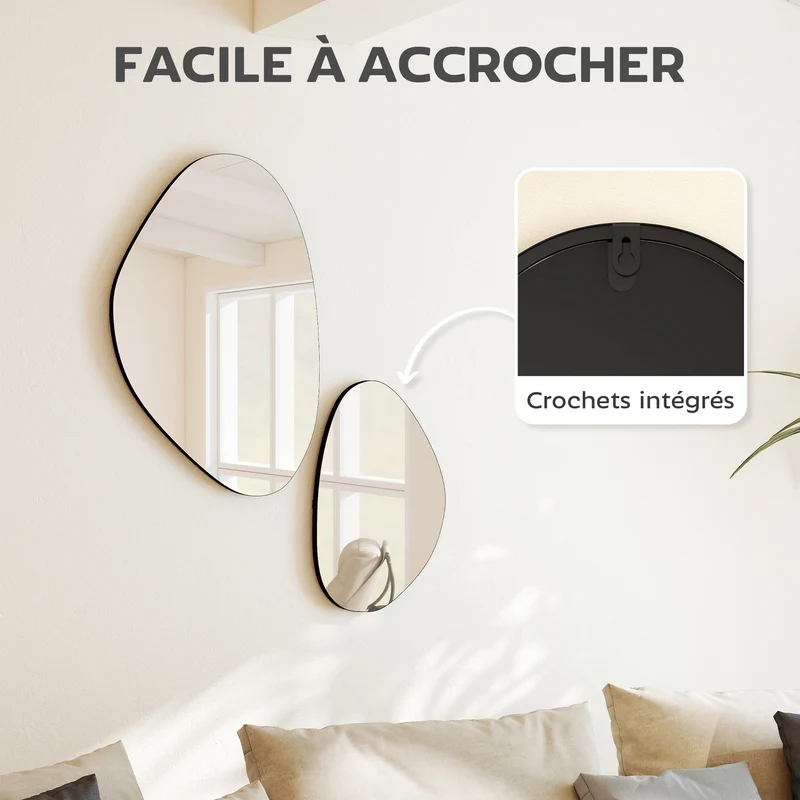 Lot de 2 miroirs muraux forme galet 70 x 46 cm et 49,5 x 31 cm décoratif moderne cosy accrochage multiple en verre noir 21_0003712
