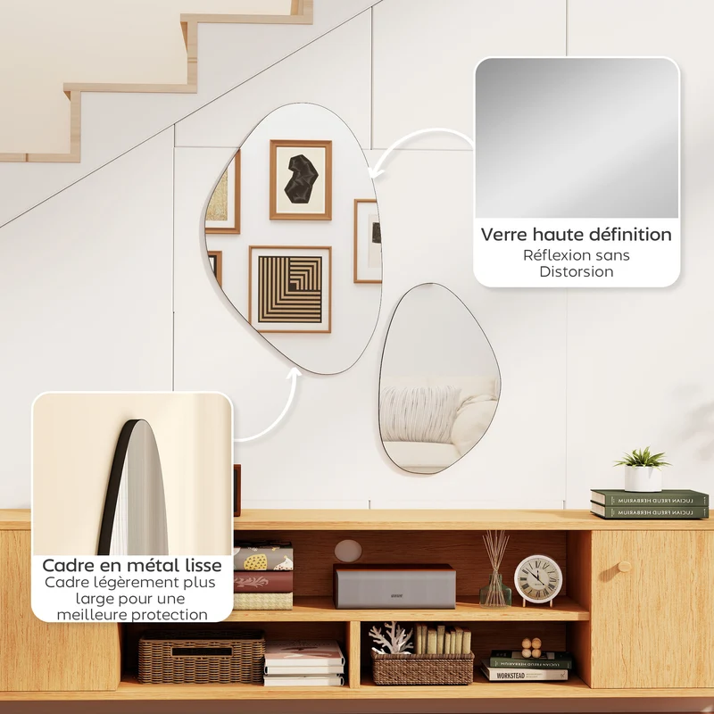 Lot de 2 miroirs muraux forme galet 70 x 46 cm et 49,5 x 31 cm décoratif moderne cosy accrochage multiple en verre noir 21_0003712