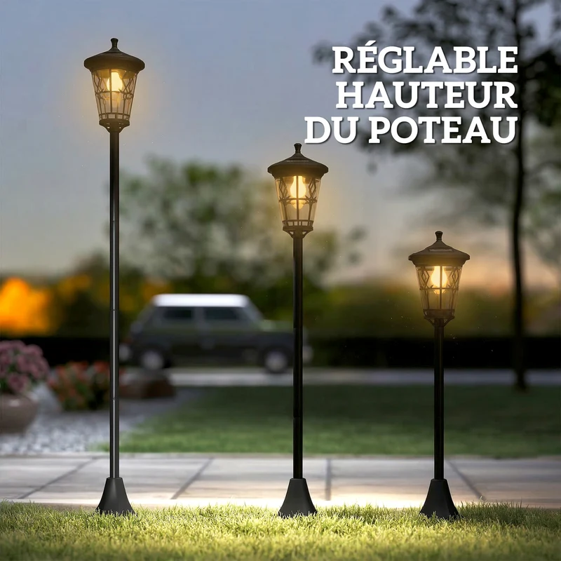 Lot de 2 lampadaires solaires jardin 24 x 24 x 186 cm réglable 150 cm 2 modes moderne cosy en acier inoxydable noir 21_0007000