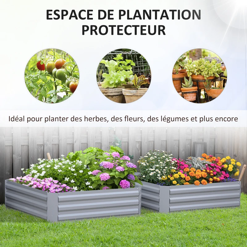 Lot de 2 carré potager 100 x 100 x 30 cm retient la chaleur montage sans outil design moderne industriel en acier gris 21_0004208