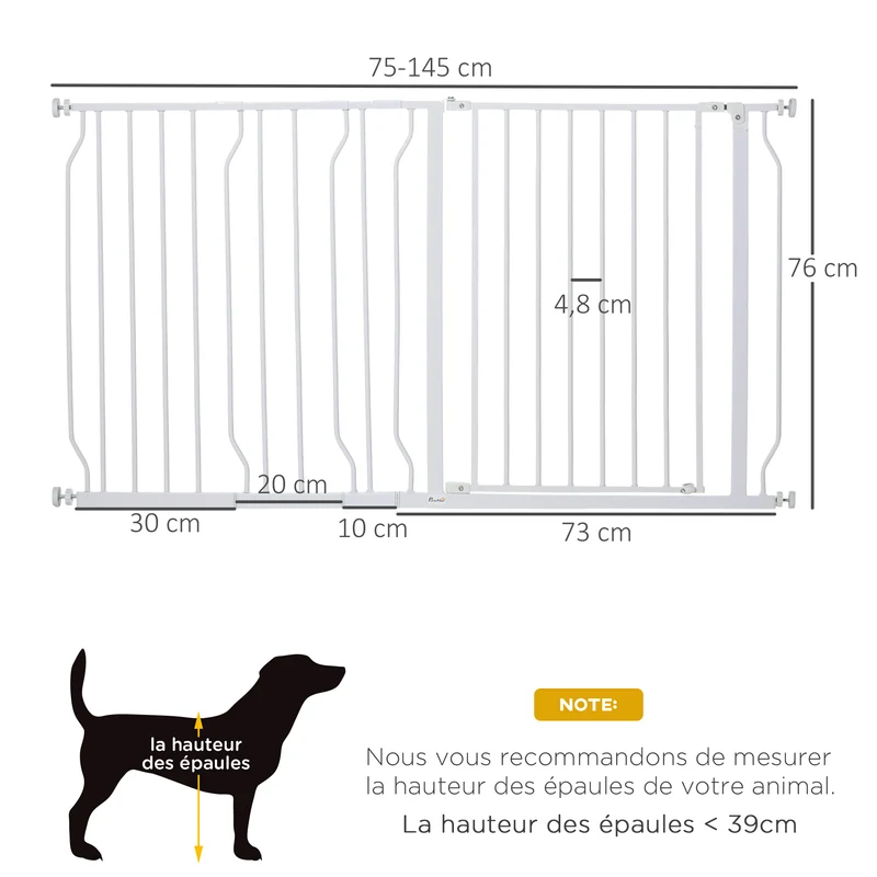 Lot de 2 barrières sécurité pour animaux 75-145 x 76 x 4 cm réglables sans perçage moderne contemporain en acier blanc 21_0007501