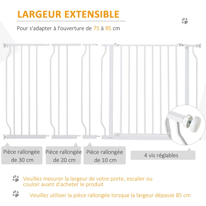 Lot de 2 barrières sécurité pour animaux 75-145 x 76 x 4 cm réglables sans perçage moderne contemporain en acier blanc 21_0007501