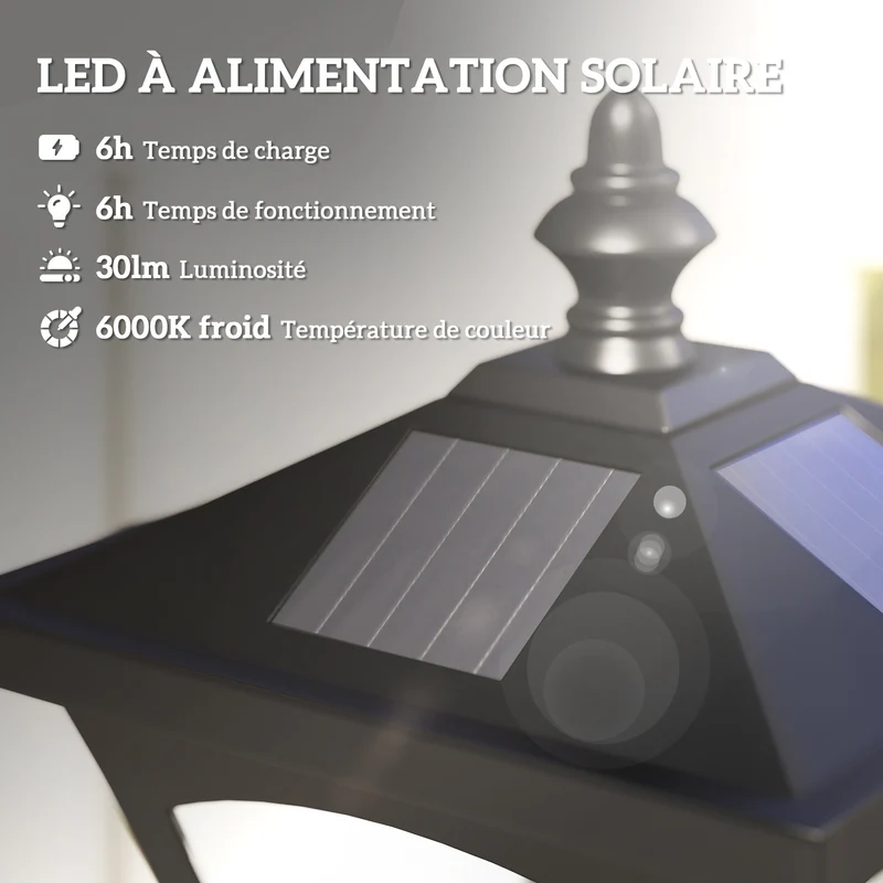 Lampadaire sur pied extérieur jardin 15 x 15 x 120 cm solaire automatique détecteur luminosité style classique en PP noir 21_0003900