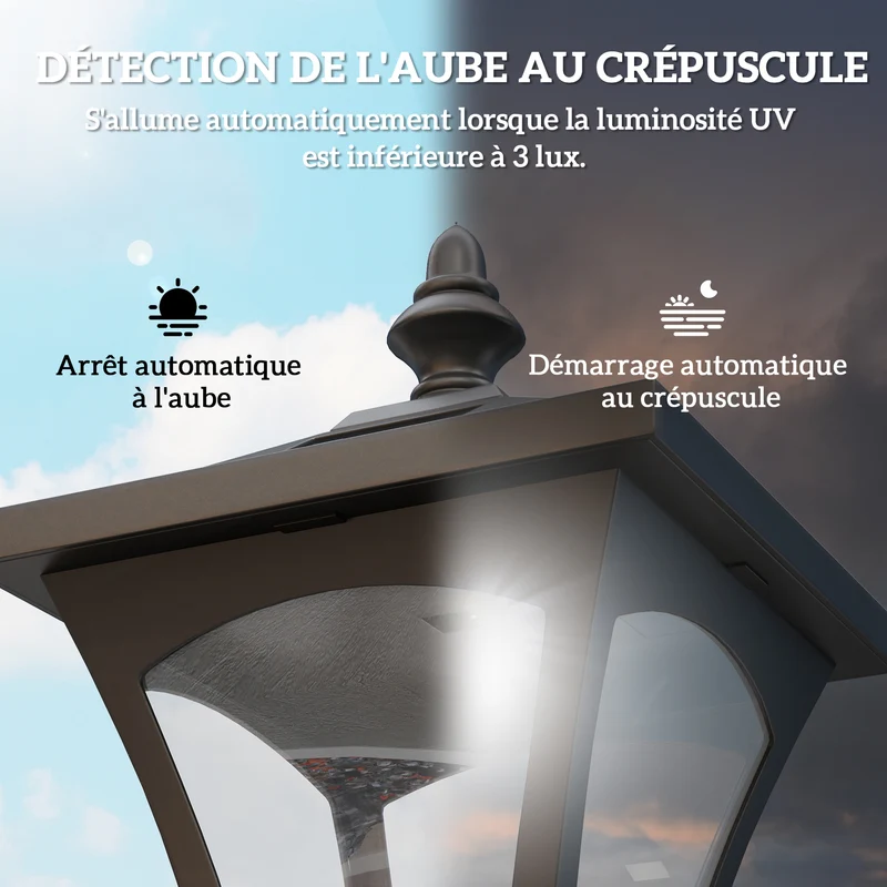 Lampadaire sur pied extérieur jardin 15 x 15 x 120 cm solaire automatique détecteur luminosité style classique en PP noir 21_0003900