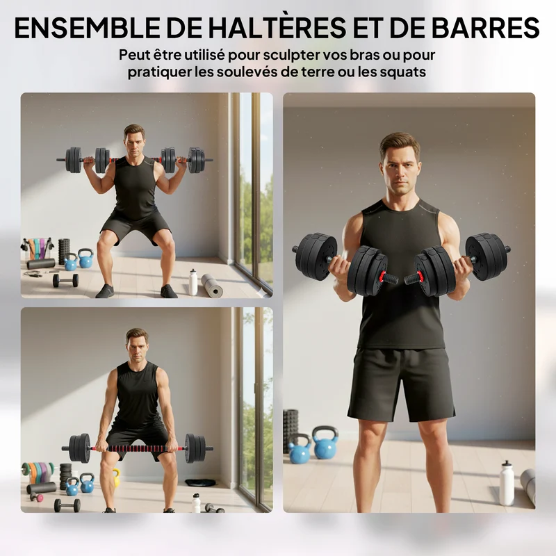 Kit d'haltères musculation maison 50 x 21 x 21 cm poids réglable poignées antidérapantes polyvalent moderne en hdpe noir 21_0006790