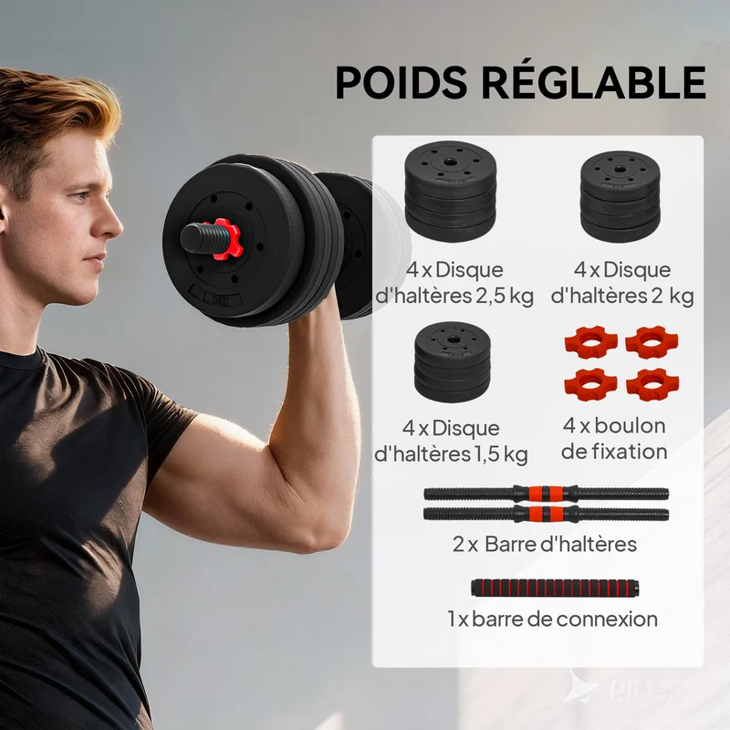 Kit d'haltères musculation maison 50 x 21 x 21 cm poids réglable poignées antidérapantes polyvalent moderne en hdpe noir 21_0006790