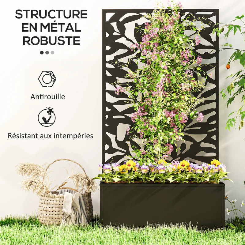 Jardinière treillis brise vue 61 x 23 x 113 cm support plantes grimpantes fixable au mur style moderne en métal noir 21_0005490