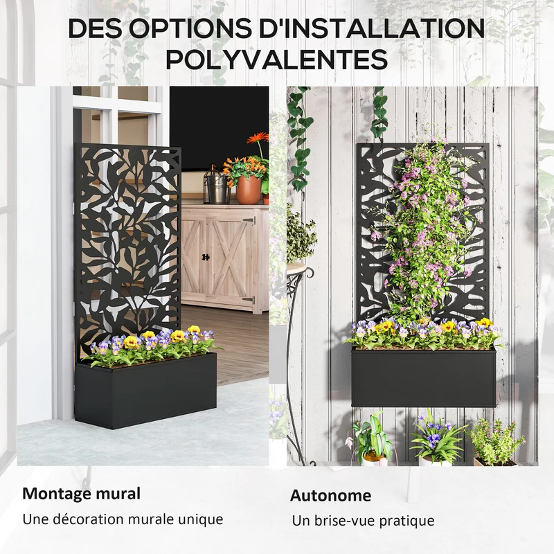 Jardinière treillis brise vue 61 x 23 x 113 cm support plantes grimpantes fixable au mur style moderne en métal noir 21_0005490