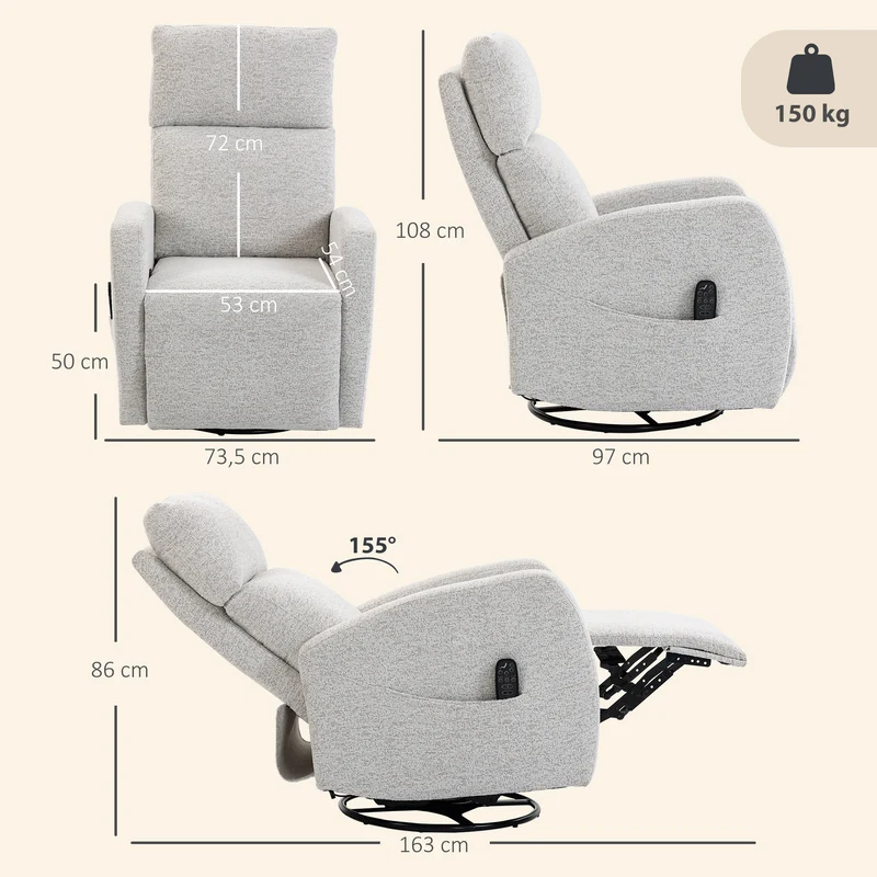 Fauteuil inclinable de massage 73,5 x 97 x 108 cm chauffant pivotant 360 ergonomique contemporain en chenille crème 21_0000838
