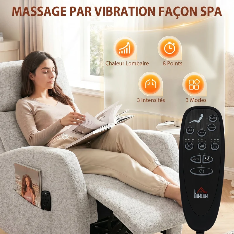 Fauteuil inclinable de massage 73,5 x 97 x 108 cm chauffant pivotant 360 ergonomique contemporain en chenille crème 21_0000838