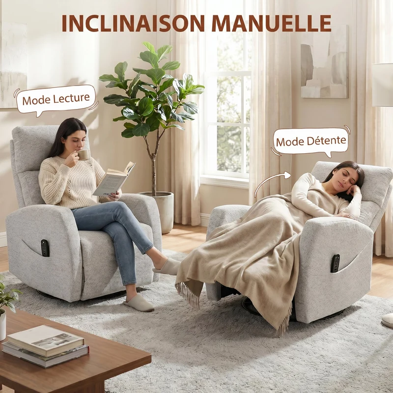 Fauteuil inclinable de massage 73,5 x 97 x 108 cm chauffant pivotant 360 ergonomique contemporain en chenille crème 21_0000838
