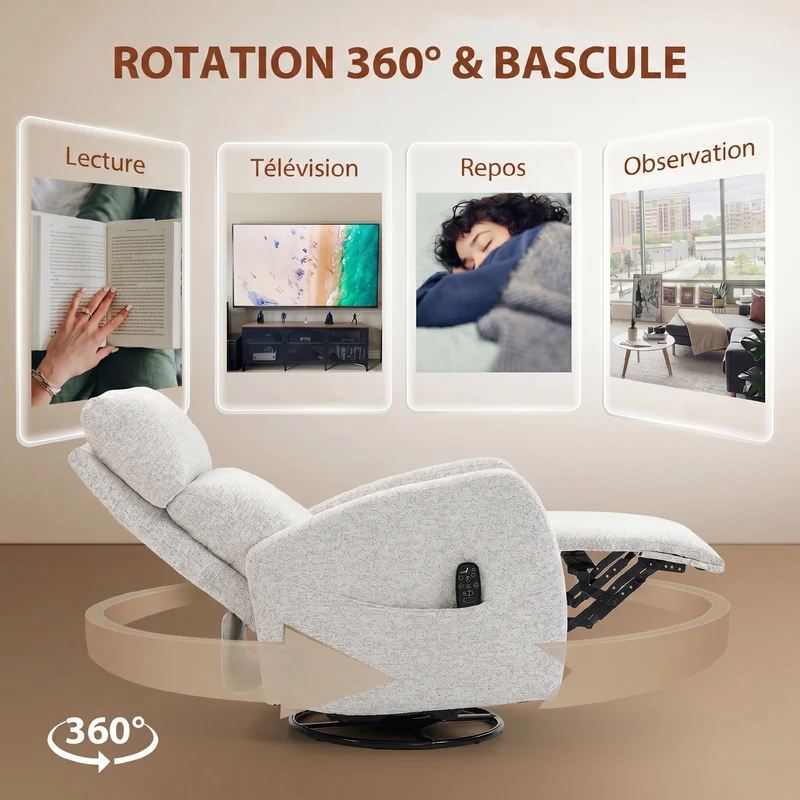 Fauteuil inclinable de massage 73,5 x 97 x 108 cm chauffant pivotant 360 ergonomique contemporain en chenille crème 21_0000838