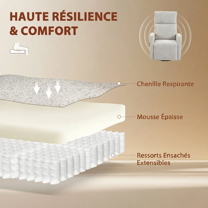 Fauteuil inclinable de massage 73,5 x 97 x 108 cm chauffant pivotant 360 ergonomique contemporain en chenille crème 21_0000838