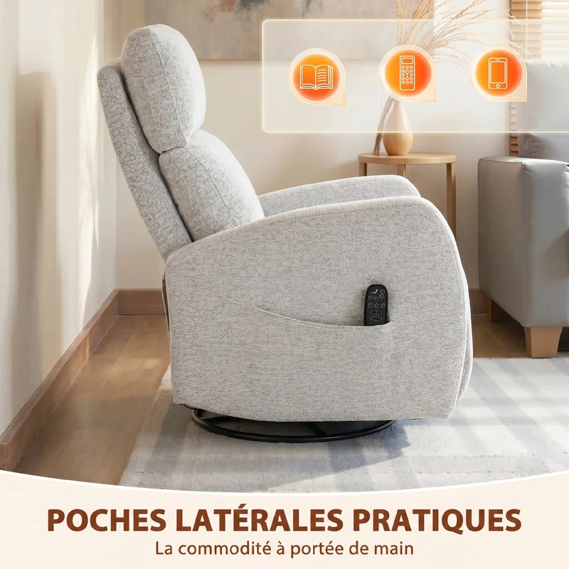 Fauteuil inclinable de massage 73,5 x 97 x 108 cm chauffant pivotant 360 ergonomique contemporain en chenille crème 21_0000838