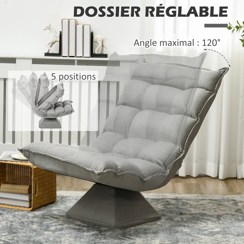 Fauteuil de sol pivotant 62 x 70 x 95 cm dossier réglable confortable contemporain en velours microfibre gris clair 21_0003079