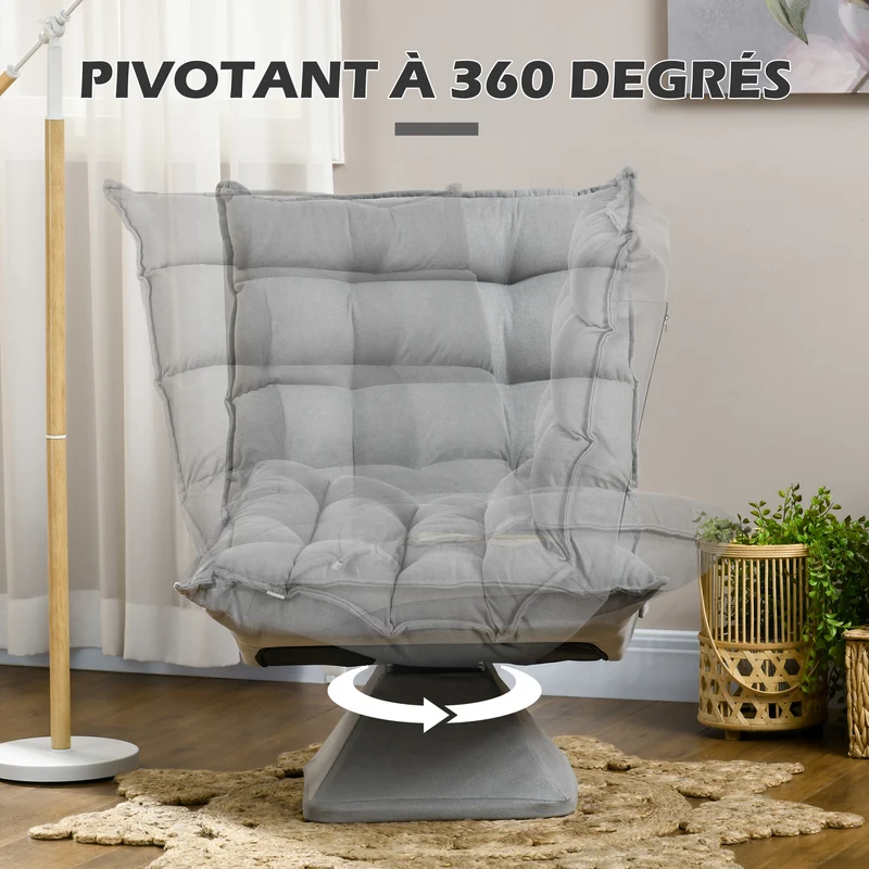 Fauteuil de sol pivotant 62 x 70 x 95 cm dossier réglable confortable contemporain en velours microfibre gris clair 21_0003079