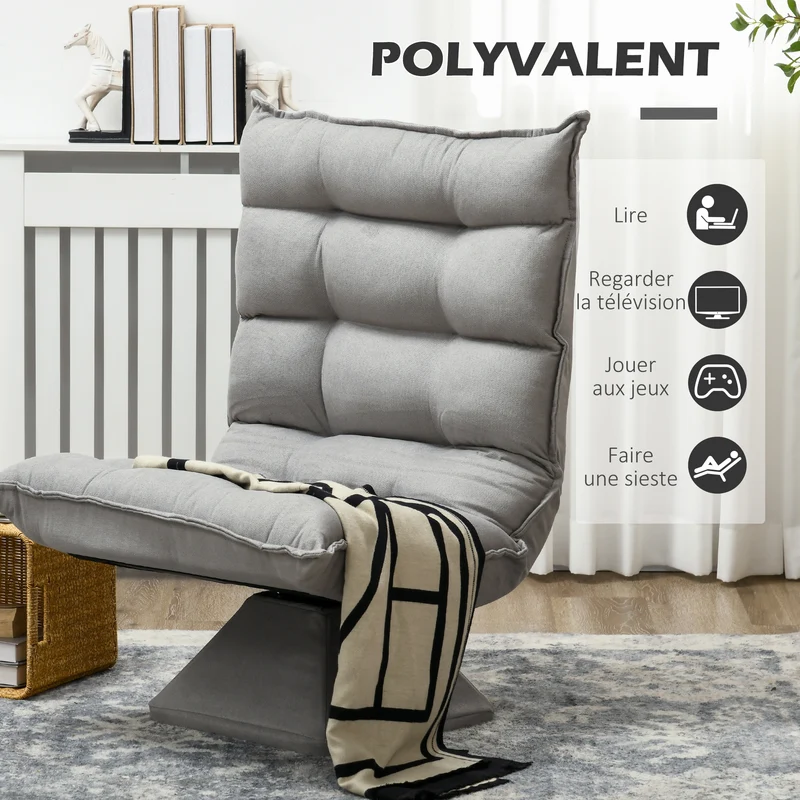 Fauteuil de sol pivotant 62 x 70 x 95 cm dossier réglable confortable contemporain en velours microfibre gris clair 21_0003079
