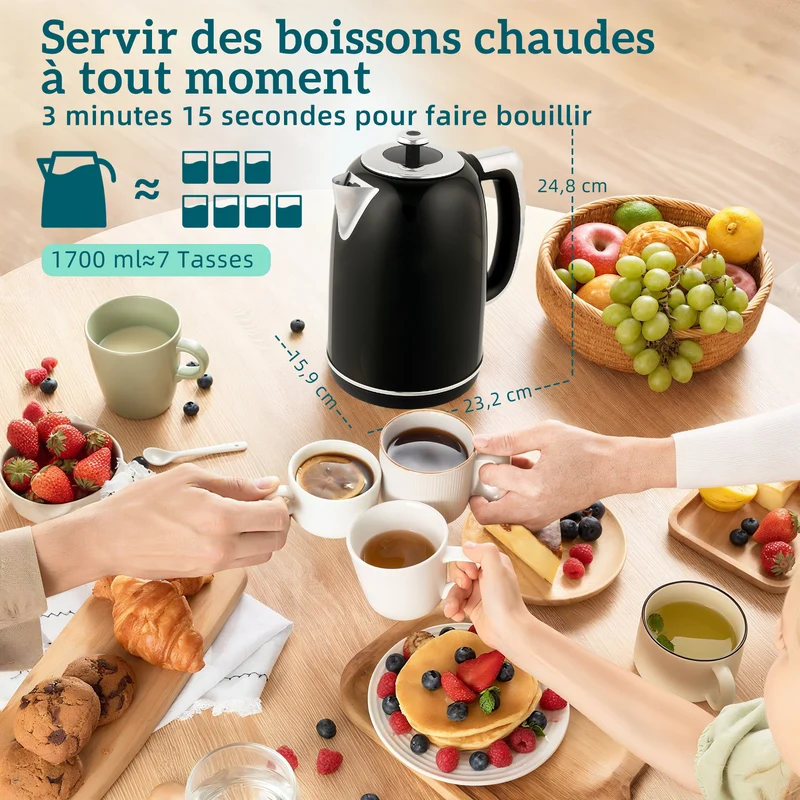 Ensemble bouilloire et grille-pain 23 x 16 x 25 cm maintien au chaud 6 niveaux pratique vintage en acier inoxydable noir 21_0000965