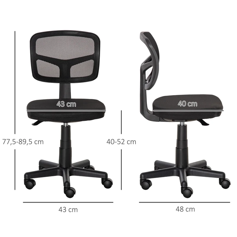 Chaise de bureau sans accoudoirs 43 x 48 x 89,5 cm dossier respirant assise rembourrée moderne épuré en maille noir 21_0006216