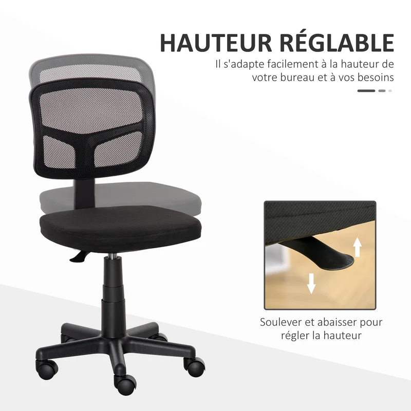 Chaise de bureau sans accoudoirs 43 x 48 x 89,5 cm dossier respirant assise rembourrée moderne épuré en maille noir 21_0006216