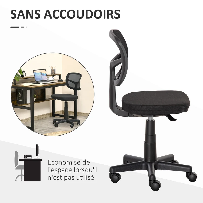 Chaise de bureau sans accoudoirs 43 x 48 x 89,5 cm dossier respirant assise rembourrée moderne épuré en maille noir 21_0006216