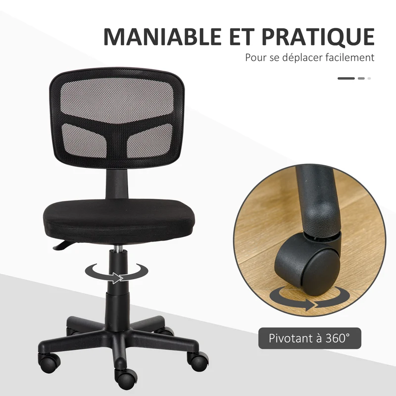 Chaise de bureau sans accoudoirs 43 x 48 x 89,5 cm dossier respirant assise rembourrée moderne épuré en maille noir 21_0006216