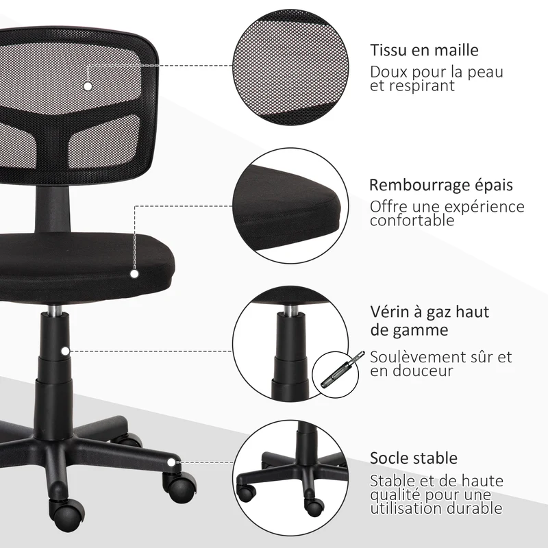 Chaise de bureau sans accoudoirs 43 x 48 x 89,5 cm dossier respirant assise rembourrée moderne épuré en maille noir 21_0006216