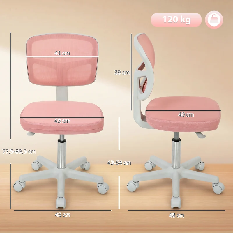 Chaise de bureau ergonomique sans accoudoirs 48 x 48 x 78-90 cm réglable dossier courbé respirant épuré en maille rose 21_0006218