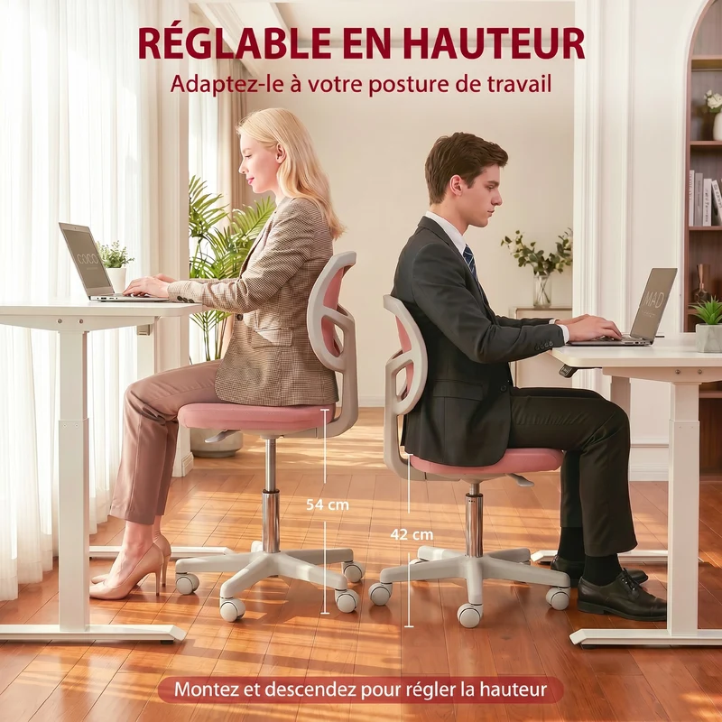 Chaise de bureau ergonomique sans accoudoirs 48 x 48 x 78-90 cm réglable dossier courbé respirant épuré en maille rose 21_0006218