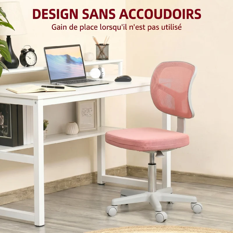 Chaise de bureau ergonomique sans accoudoirs 48 x 48 x 78-90 cm réglable dossier courbé respirant épuré en maille rose 21_0006218