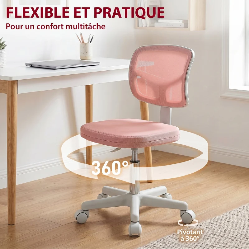 Chaise de bureau ergonomique sans accoudoirs 48 x 48 x 78-90 cm réglable dossier courbé respirant épuré en maille rose 21_0006218