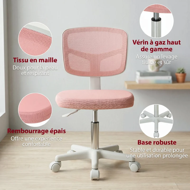 Chaise de bureau ergonomique sans accoudoirs 48 x 48 x 78-90 cm réglable dossier courbé respirant épuré en maille rose 21_0006218