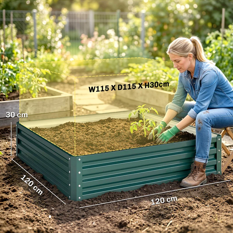 Carré potager de jardin serre 120 x 120 x 30 cm retient la chaleur industriel contemporain en acier galvanisé vert foncé 21_0004044