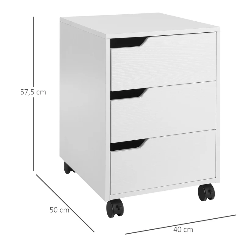 Caisson de bureau mobile 40 x 50 x 57.5 cm 3 tiroirs roulettes freins idéal sous bureau style moderne épuré en MDF blanc 21_0002390