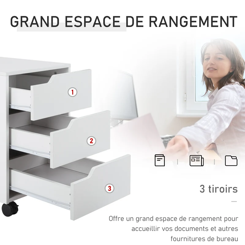 Caisson de bureau mobile 40 x 50 x 57.5 cm 3 tiroirs roulettes freins idéal sous bureau style moderne épuré en MDF blanc 21_0002390