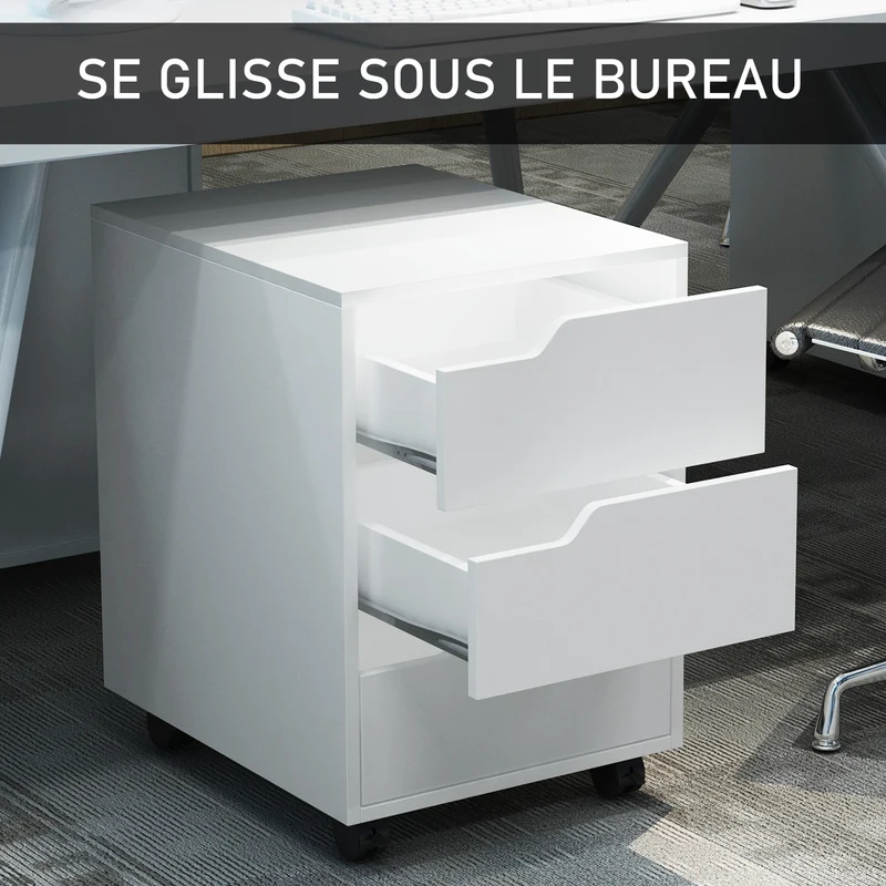 Caisson de bureau mobile 40 x 50 x 57.5 cm 3 tiroirs roulettes freins idéal sous bureau style moderne épuré en MDF blanc 21_0002390