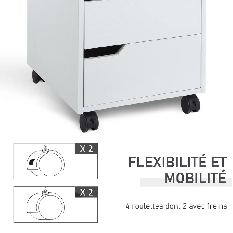 Caisson de bureau mobile 40 x 50 x 57.5 cm 3 tiroirs roulettes freins idéal sous bureau style moderne épuré en MDF blanc 21_0002390