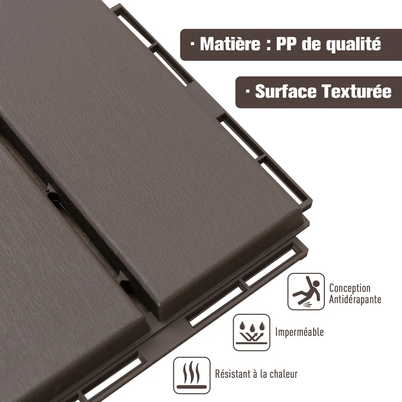 Caillebotis dalles terrasse emboîtables 30 x 30 x 2 cm pose facile antidérapant style contemporain stable en PP chocolat 21_0003945