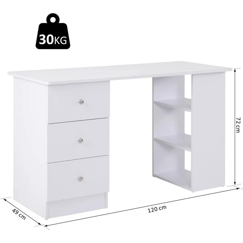 Bureau informatique droit 120 x 49 x 72 cm 3 tiroirs plateau rangement idéal chambre bureau contemporain en MDF blanc 21_0006123