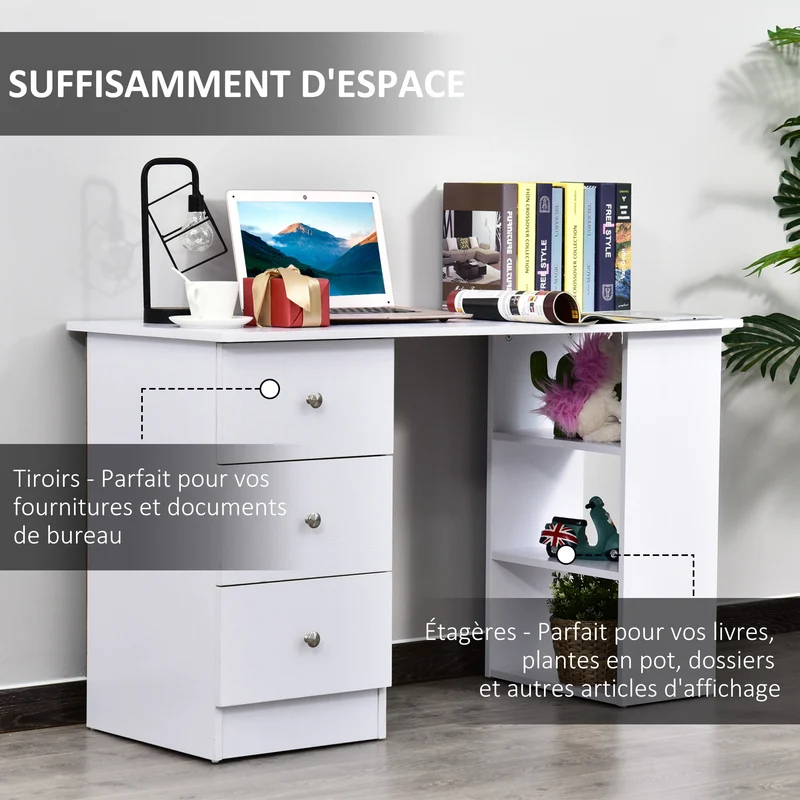 Bureau informatique droit 120 x 49 x 72 cm 3 tiroirs plateau rangement idéal chambre bureau contemporain en MDF blanc 21_0006123
