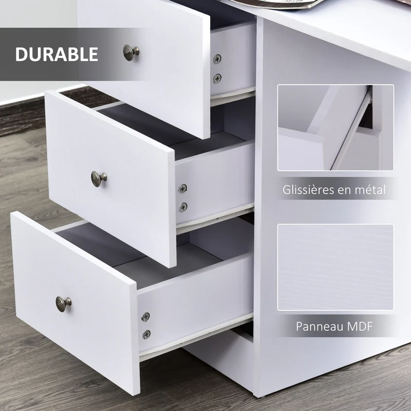Bureau informatique droit 120 x 49 x 72 cm 3 tiroirs plateau rangement idéal chambre bureau contemporain en MDF blanc 21_0006123