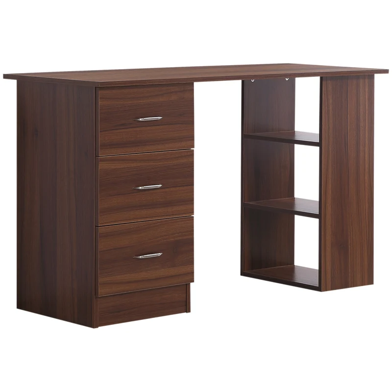 Bureau d'ordinateur réversible 120 x 49 x 72 cm 3 tiroirs 3 étagères modulables gain de place moderne épuré en MDF noyer 21_0002393